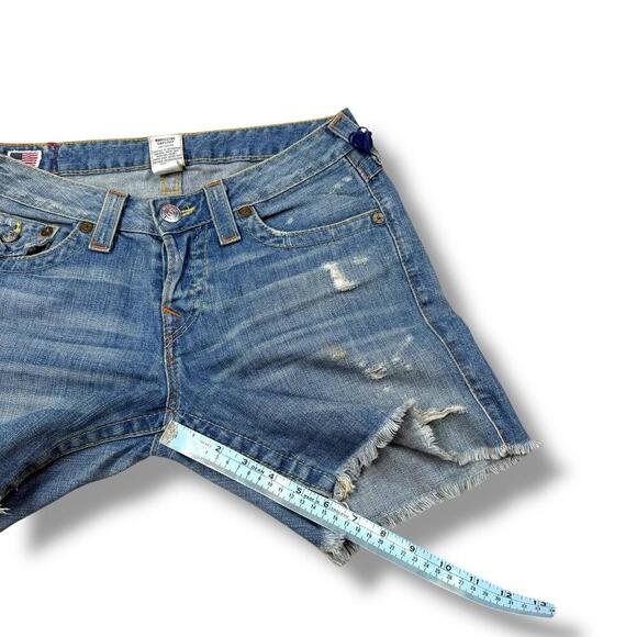 New True Religion Women’s Cutoff Denim Shorts Distressed Y2K Made In USA Size 27 - Picture 3 of 8